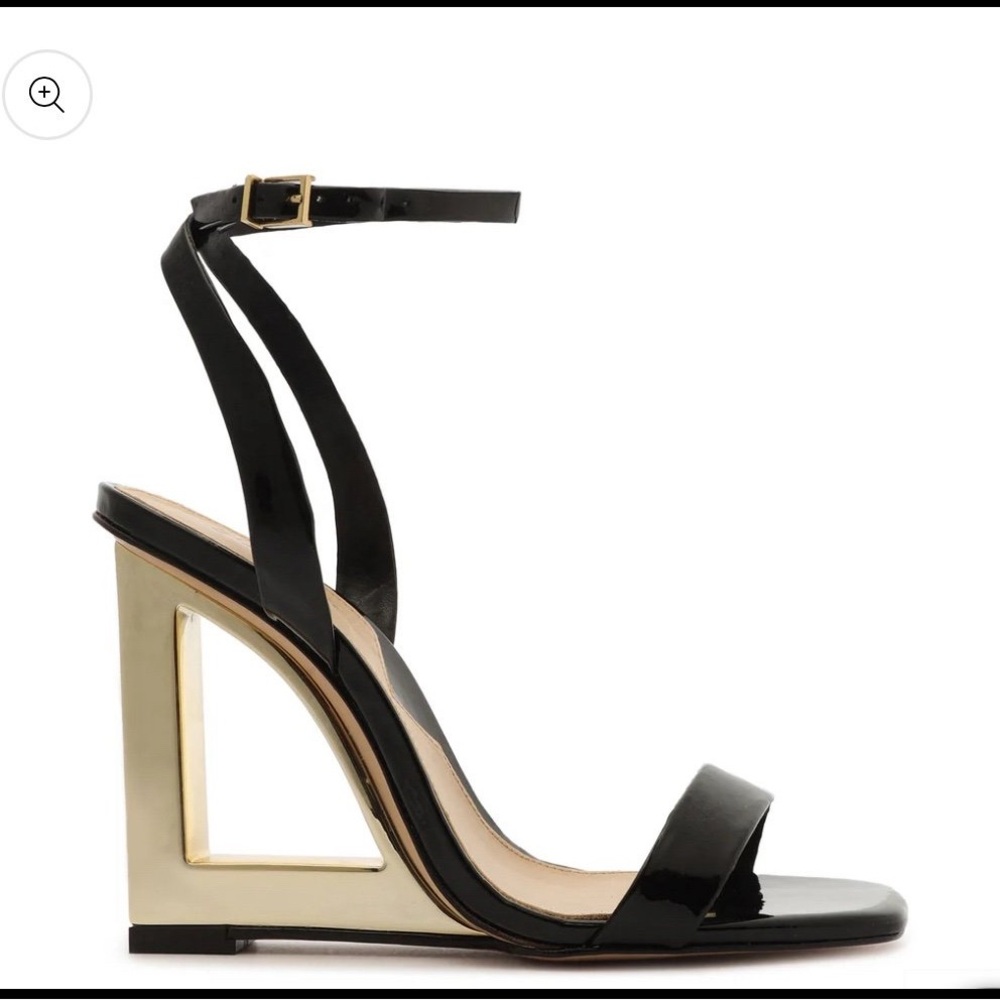 SCHUTZ Black Patent Leather Wedge Sandals with Gold Accent